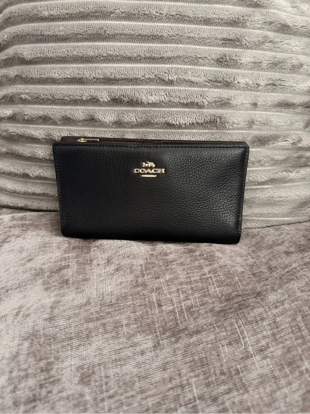 Coach Black Pebbled Leather Zip Wallet with Gold Logo